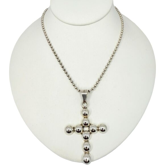 Taxco Mexico Cross Pendant Necklace 16" 925 Sterling Silver Christian Ball - Picture 1 of 13